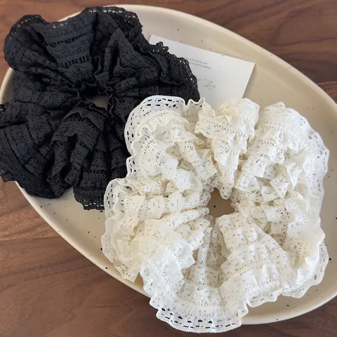 Grote Gebreide Polyester Scrunchie Met Kant Geplooid Ontwerp Franse Vintage Stijl Haarring Voor Dames Haaraccessoires
