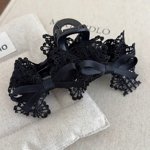 Pince a Capelli Francese Vintage Con Fiocco in Pizzo Nero Grande Fermaglio in Nastro di Raso Elegante Accessorio Per Donna