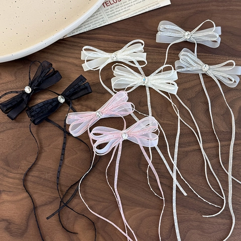 Pinza para el Cabello con Lazo de Malla Estilo Ballet con Cintas Largas Strass Elegante Dulce Pinza de Pico de Pato Mujer