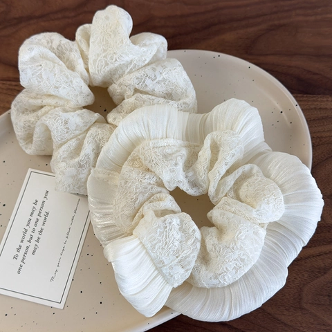 Scrunchies Plissettati in Pizzo Bianco Crema Eleganti Elastici per Capelli con Ricamo Floreale per Donna Accessori per Capelli Stile Francese