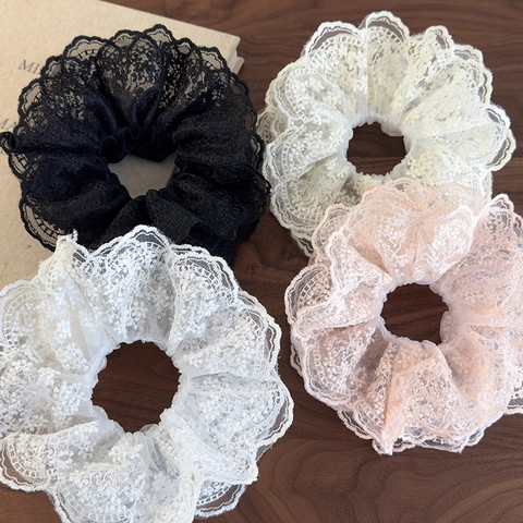 Coleteros de Encaje Floral en Capas Dulces para Mujer Banda Elástica Grande para el Cabello Vintage Malla Suave Accesorios
