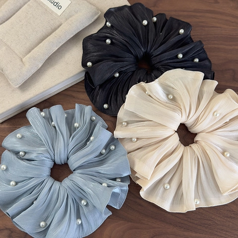 Elastici Per Capelli Grandi Eleganti Tessuto Di Raso Pieghettato Perla Artificial Imitazione Elastico Vintage Francese Lussuoso Accessori Donna