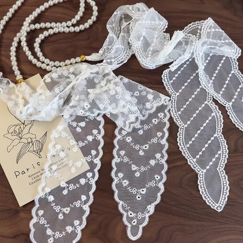 French Vintage Faux Artificial Pearl Lace Scarf Long Multifunctional Hairband Necklace For Women Elegant Flower Embroidery Floral Scarf Headband Wedding Party Decorative Accessories