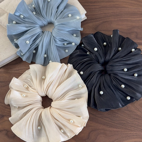 Elastici Per Capelli Grandi Eleganti Tessuto Di Raso Pieghettato Perla Artificial Imitazione Elastico Vintage Francese Lussuoso Accessori Donna