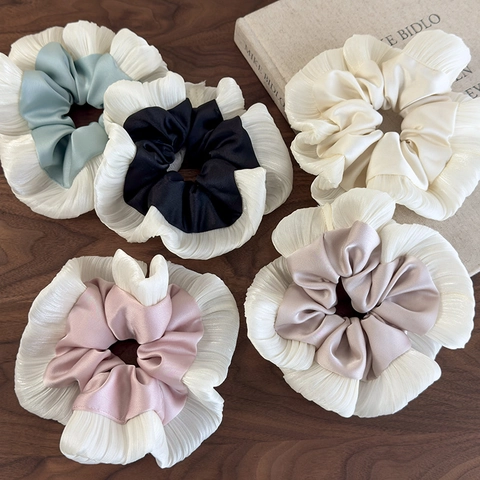 Koreaanse Stijl Geplisseerd Satijn Gaas Patchwork Grote Scrunchie Fris Zoet Elastische Haarband Accessoire Voor Dames