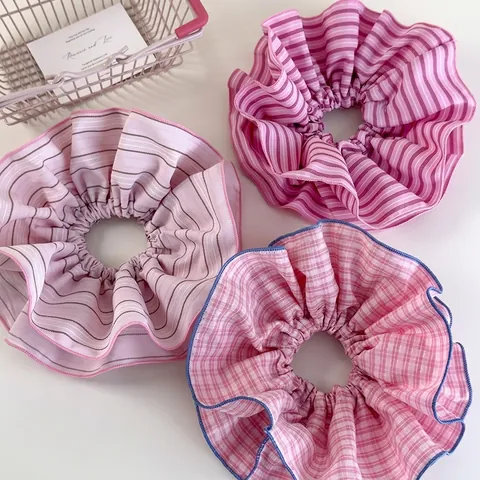 Scrunchie di Grandi Dimensioni in Tessuto a Righe e Quadretti Rosa Stile Coreano Dolce Elastico per Capelli da Donna Accessori