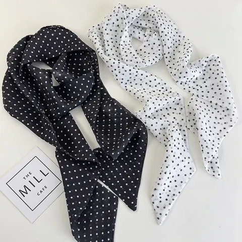 Minimalist Black And White Polka Dot Skinny Scarf For Women Polyester Printed Long Hair Band Neck Ribbon Fashion Accessory