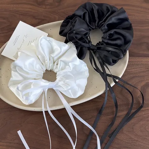 Ballett Stil Weiß Satin Schleife Haargummi Mit Langen Bändern Elegant Groß Haarkreis Pferdeschwanz Halter Haarband Für Damen Haarschmuck