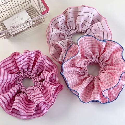 Scrunchie di Grandi Dimensioni in Tessuto a Righe e Quadretti Rosa Stile Coreano Dolce Elastico per Capelli da Donna Accessori