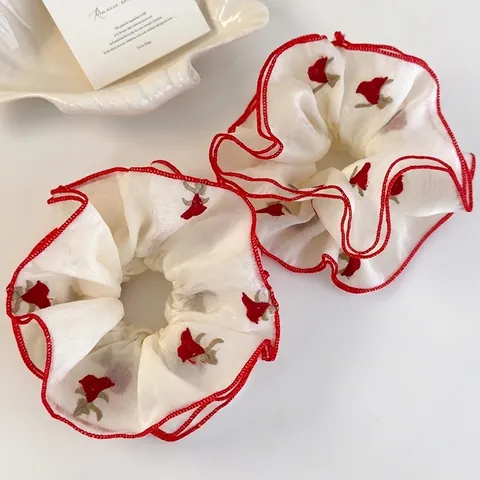Vintage Stoff Haargummis Mit Roter Rosen Stickerei Mode Große Haarbänder Für Damen Täglich Haar Styling Zubehör