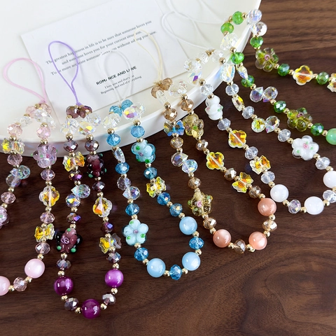 Handmade Colorful Glass Beaded Flower Bow Phone Chain Anti-lost Wrist Strap Lanyard Women Fashion Accessory