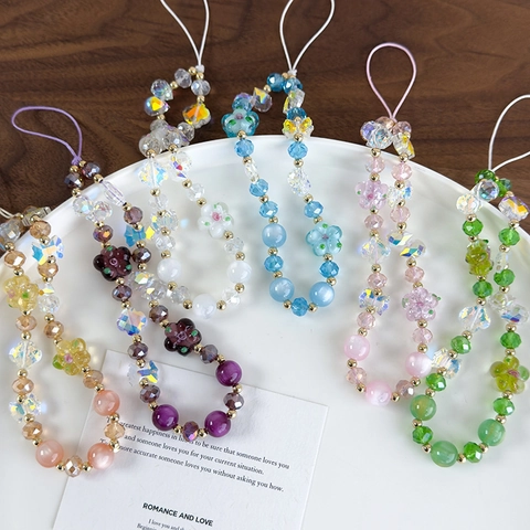 Handmade Colorful Glass Beaded Flower Bow Phone Chain Anti-lost Wrist Strap Lanyard Women Fashion Accessory