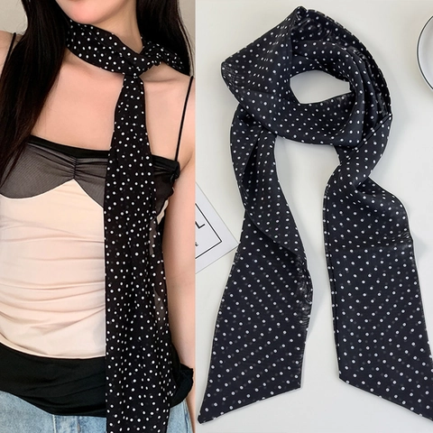 Minimalist Black And White Polka Dot Skinny Scarf For Women Polyester Printed Long Hair Band Neck Ribbon Fashion Accessory