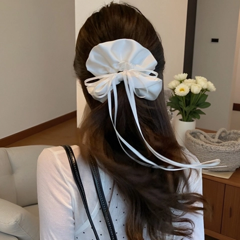 Ballett Stil Weiß Satin Schleife Haargummi Mit Langen Bändern Elegant Groß Haarkreis Pferdeschwanz Halter Haarband Für Damen Haarschmuck