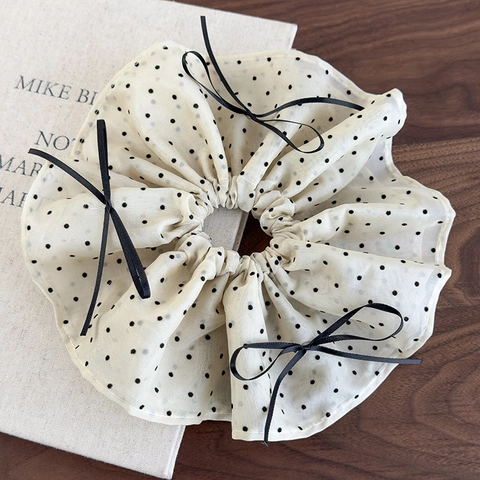 Scrunchie Vintage a Pois Con Fiocco in Nastro Nero Dolce Elastico in Tessuto Accessori per Capelli da Donna