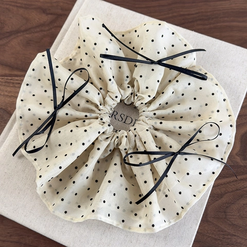 French Vintage Polka Dot Scrunchie With Black Ribbon Bow Sweet Fabric Elastic Hair Band Hair Accessories For Women