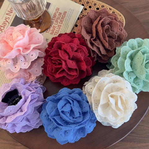 Eleganter Süßer Bestickter Rose Blume Spitze Haarkralle Große Stoff Blumen Shark Clip Damen Mädchen Haarschmuck