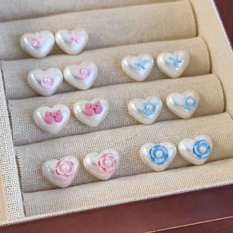 French Sweet Heart Artificial Pearl Stud Earrings For Women Resin Colorful Bowknot Flower Shell Starfish Earrings Jewelry Gift