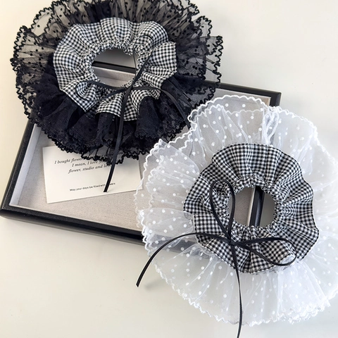 Franse Romantische Kantafwerking Geruite Scrunchie Grote Gaas Stippen Strik Haarband Voor Dames Zoete Lolita Stijl Haaraccessoires