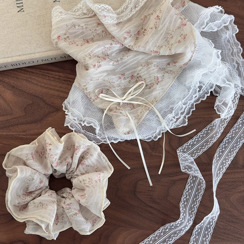 Ensemble Chouchou et Bandana en Tissu Floral Vintage Français pour Femmes Style Pastoral Doux avec Bordure en Dentelle