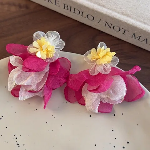 Handmade 3D Chiffon Flower Stud Earrings For Women Pink Layered Mesh Floral Earrings Beach Vacation Forest Style Jewelry
