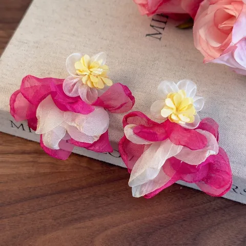 Handmade 3D Chiffon Flower Stud Earrings For Women Pink Layered Mesh Floral Earrings Beach Vacation Forest Style Jewelry