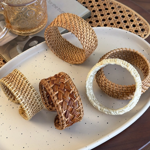 Handwoven Rattan Cuff Bracelet Natural Wood Fiber Ethnic Bohemian Bangle Vintage Style Handmade Jewelry For Women