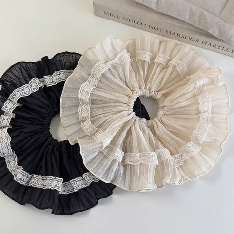Coleteros de Encaje Plisado Vintage Francés Grandes Gomas de Pelo de Tela Elegantes Cintas de Pelo Elásticas para Mujer