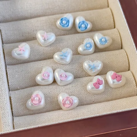 French Sweet Heart Artificial Pearl Stud Earrings For Women Resin Colorful Bowknot Flower Shell Starfish Earrings Jewelry Gift