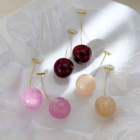 Sweet Resin Glitter Cherry Drop Earrings For Women Korean Style Fruit Shape Gold Metal Hook Dangle Earrings Daily Jewelry Gift