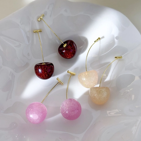 Sweet Resin Glitter Cherry Drop Earrings For Women Korean Style Fruit Shape Gold Metal Hook Dangle Earrings Daily Jewelry Gift