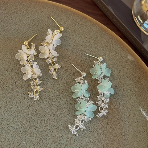Pendientes Largos Bohemios de Resina Esmerilada con Flores y Borlas para Mujer Elegantes Pendientes de Strass para Vacaciones