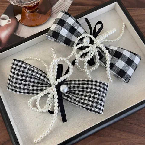 Fermaglio per Capelli a Fiocco a Quadri Bianco e Nero Vintage Francese Con Perle Artificiali Elegante Gioielli Donna