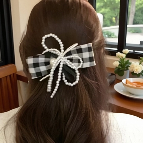 Fermaglio per Capelli a Fiocco a Quadri Bianco e Nero Vintage Francese Con Perle Artificiali Elegante Gioielli Donna