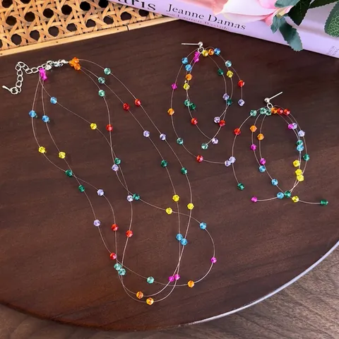 Bunte Mehrlagige Perlenhalskette Lange Quastenohrringe Schmuck Für Damen Mode Handgefertigte Künstliche Kristall Halsschmuck