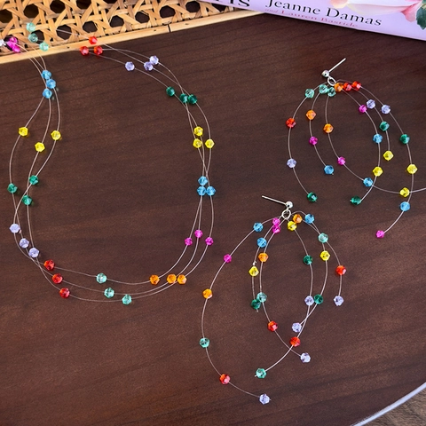 Bunte Mehrlagige Perlenhalskette Lange Quastenohrringe Schmuck Für Damen Mode Handgefertigte Künstliche Kristall Halsschmuck