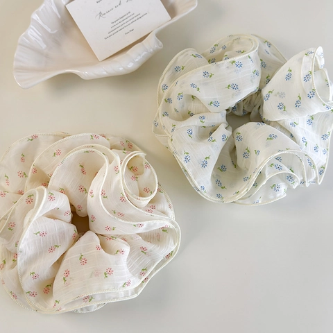 Coleteros de Tela Floral Grandes de Estilo Coreano Elegante Goma para el Pelo Plisada Dulce Cuerda Elástica para Mujer