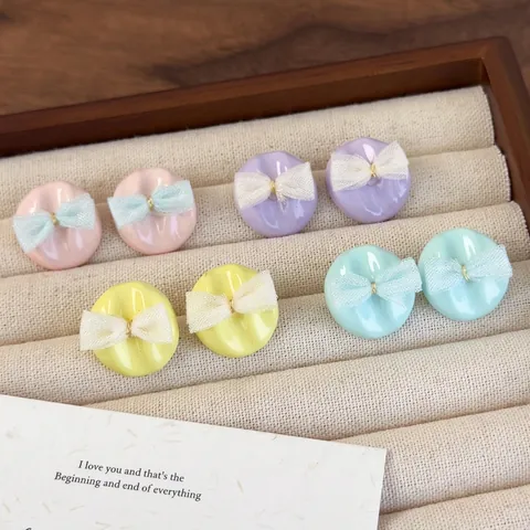 Süße Legierung Runde Ohrstecker Mit Netzschleife Macaron Rosa Lila Gelb Blau Koreanischer Stil Damen Romantischer Schmuck Geschenk