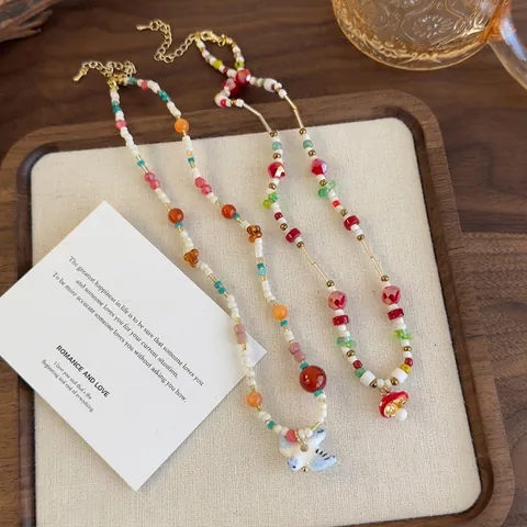 Handgefertigte Bunte Perlenkette Mit Harzpilz Oder Keramikvogel Anhänger Boho Kristall Choker Für Damen Mädchen Schmuck