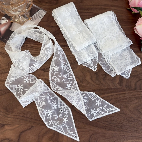 French Vintage White Lace Scarf Women Hollow Out Floral Embroidered Ribbon Elegant Neck Wrap Multi Use Hair Band Fashion
