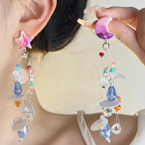 Mond Stern Asymmetrisch Perlenbesetzt Lange Quasten Ohrringe Mehrfarbig Kristall Strass Drop Ohrringe Damen Schmuck