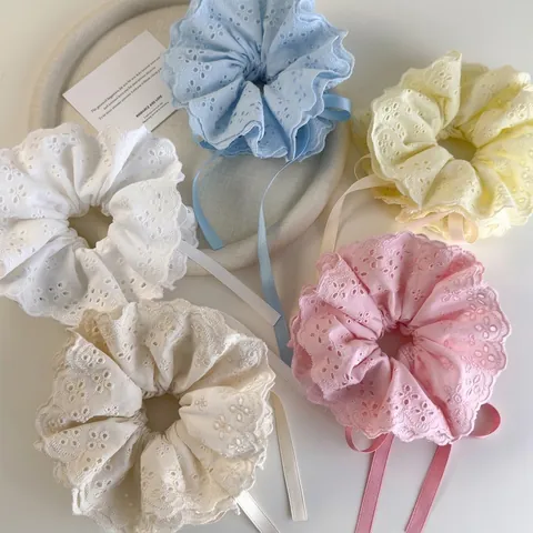 Sweet Lace Eyelet Embroidery Scrunchies With Ribbon Bow Pastoral Style Polyester Hair Tie For Women Girls Hair Accessories