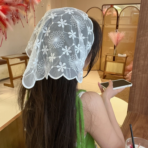 Franse Vintage Witte Kant Bloemenborduurwerk Driehoekige Hoofddoek Gaas Opengewerkte Hoofdband Vrouwen Vakantie Decoratieve Haaraccessoire