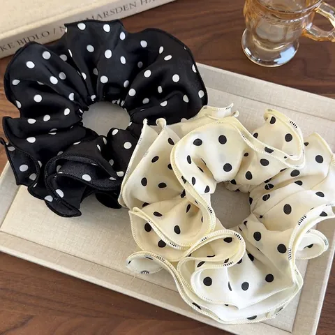 Elegant Polka Dot Scrunchie French Retro Chiffon Fabric Large Elastic Hair Tie For Women Gentle Pleated Bun Accessory