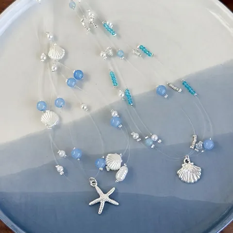 Summer Beach Vacation Style Blue Artificial Crystal Bead Multi-layer Necklace For Women Silver Alloy Starfish Shell Pendant Ocean Theme Jewelry
