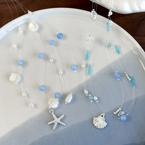 Summer Beach Vacation Style Blue Artificial Crystal Bead Multi-layer Necklace For Women Silver Alloy Starfish Shell Pendant Ocean Theme Jewelry