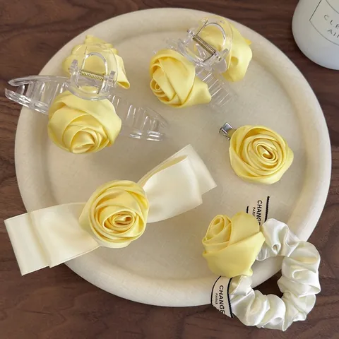 Handmade 3D Yellow Rose Flower Hair Clip Elegant Satin Cloth Plastic Hair Tie Claw Clip For Women French Style Jewelry Accessory