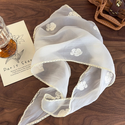 French Style Floral Embroidery Triangle Hair Bandana Scarf Lace Trim Rose Pattern Mesh Hair Wrap For Women Headwear Jewelry