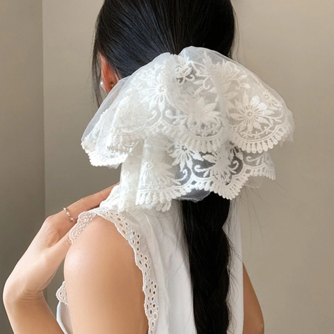Eleganter Übergroßer Weißer Spitze Stickerei Haargummi Blumig Netz Falten Haarseil Retro Damen Pferdeschwanz Halter Haarschmuck