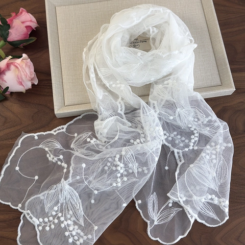 Women Retro White Lace Embroidered Scarf Floral Hollow Out Decorative Neckerchief Long Mesh Gauze Bandana Fashion Accessory
